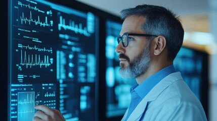 Medical Professional Analyzing Advanced Data and Graphs on Digital Screens in a High-Tech Healthcare Environment with Focus on Patient Monitoring Systems