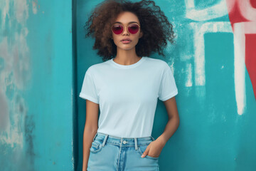 Fototapeta premium Stylish model showcasing a white t shirt against a vibrant turquoise urban backdrop, perfect for displaying minimalist designs