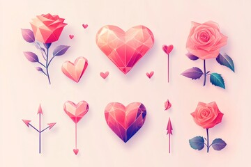 Modern set of valentine's icons featuring geometric hearts, cupid arrows, and roses, creating a romantic and stylish design