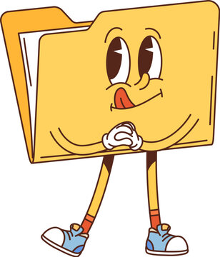 Cartoon groovy computer folder character with yellow body, joyful face, big expressive eyes, and playful pensive pose with sticking tongue. Isolated vector retro personage exudes nostalgia and fun
