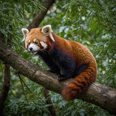 Red Panda Climbing A Tree . Closeup shot of a red panda on a fir tree in the wild. Panda ruda w naturalnym środowisku.
