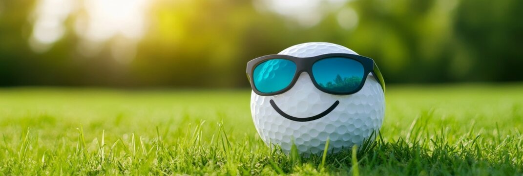 Happy Golf Ball Sunglasses Summer Fun - Smiling golf ball in sunglasses rests on a lush green grass, symbolizing joy, leisure, summer, sport, and relaxation.