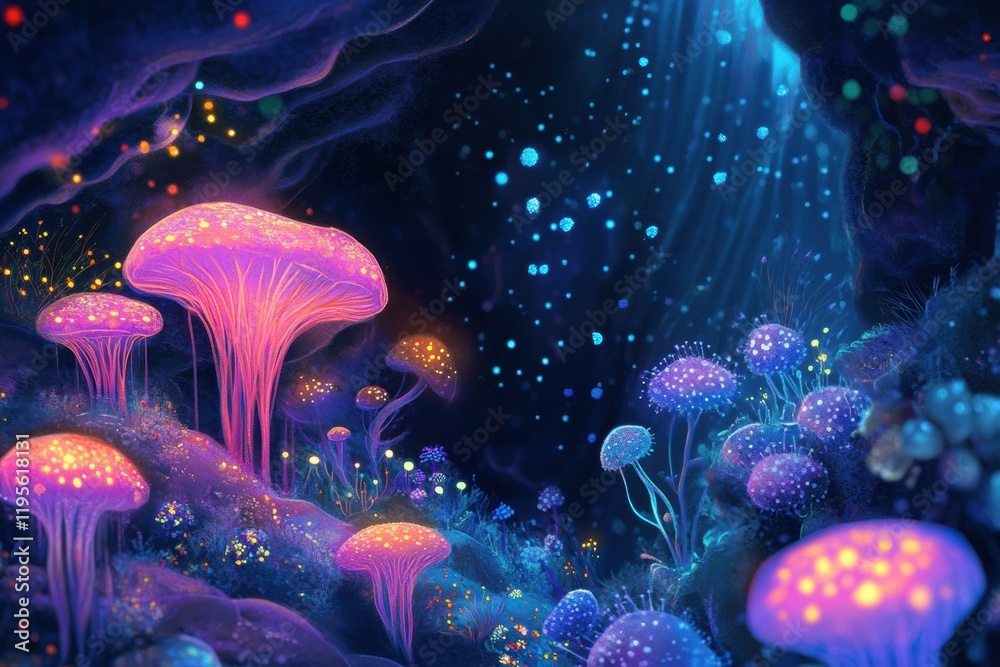 Aufkleber Exploring a vibrant microscopic ecosystem illuminated by friendly microbes in a magical setting. Generative AI