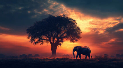 Fototapeta premium Lonely Elephant on Tree Surreal Wildlife Photography Unique Artistic Nature Fantasy Art