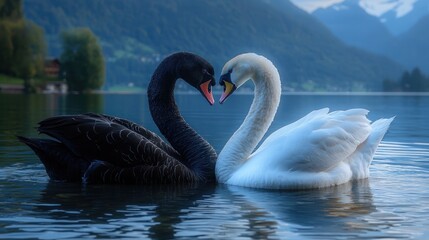 Fototapeta premium Swans forming heart, lake, mountains, dawn, romance