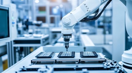 A robot managing automated inspection and sorting in a high-tech semiconductor assembly plant with clean, organized inspection stations and advanced sorting technology