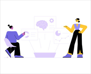 Artificial Intelligence Presentation By Professionals In Flat Vector Illustration Symbolizing Innovation, Technology, And Data Analysis, Isolated On White Background.