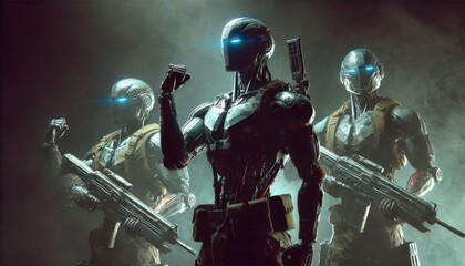 Fototapeta premium Modern army war cyborgs content created with generative AI software.