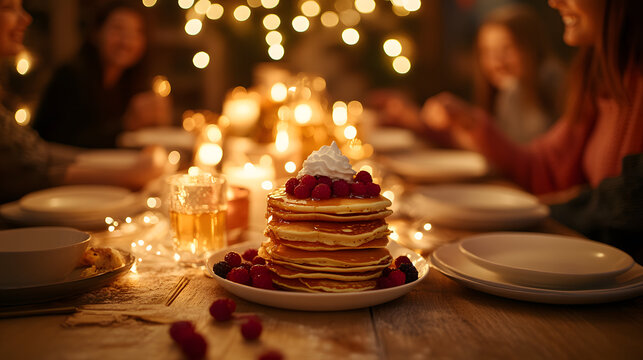 A Heartwarming Family Celebration on National Pancake Day in the UK Surrounded by Delicious Stacks and Joyful Moments - Powered by Adobe
