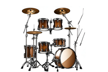 Vibrant Set of Musical Band Instruments and Equipment Including Drums, Guitars, Microphone, and Amplifiers in a Studio Setup