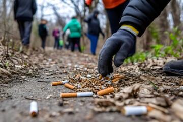 Volunteer wearing gloves collecting cigarette butts from the ground in a park, cleaning the environment with other people walking in the background