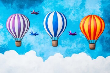 Naklejka premium Hot Air Balloons and Planes in Sky - Colorful hot air balloons and small airplanes float across a bright blue sky with fluffy white clouds. A cheerful, whimsical scene.