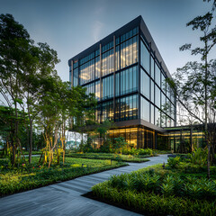 Fototapeta premium Modern glass office building nestled in a lush green landscape at dusk. Striking architecture and serene environment.