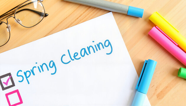 Spring cleaning checklist with colorful markers on wooden table, organization