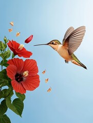 Naklejka premium Hummingbird and Hibiscus Blossoms - A hummingbird hovers near vibrant red hibiscus flowers, with tiny insects fluttering nearby against a clear blue sky.