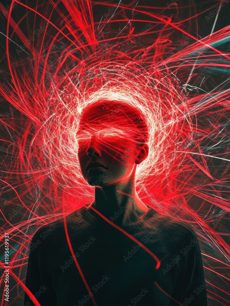 Poster person surrounded by swirling lines and shapes expressing emotions in a vibrant and dynamic environm