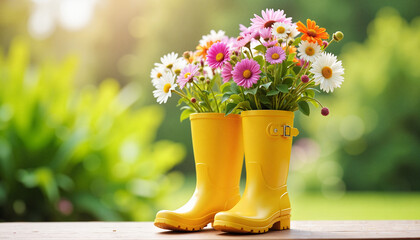 Bright rain boots filled with flowers in a garden, spring cheer