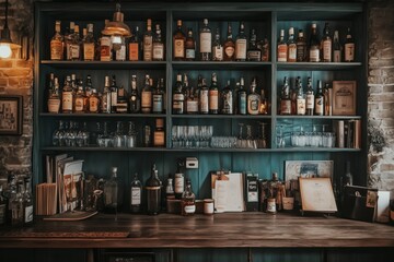 the counter bar in a cosy old english or irish pub with lots of whisky bottles in the background