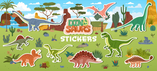 Prehistoric dinosaur and reptile characters stickers pack. Vector adhesive patches feature dino animals in a tropical landscape with palm trees, waterfall, rocks and lush vegetation of Jurassic world © Buch&Bee