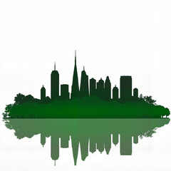 Obraz premium City skyline silhouette reflected in water with green trees, Earth Day