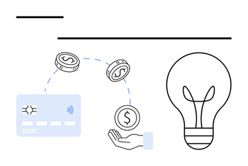 Hand catching dollar coins near credit card and light bulb. Ideal for fintech, innovation, savings, investments, online transactions, business concepts, creative funding. Line metaphor