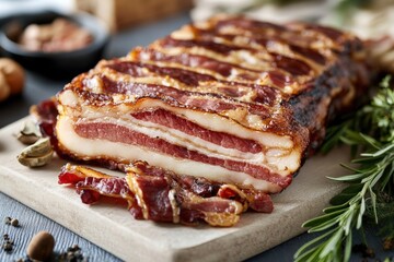 Sliced Grilled Bacon on Wooden Board