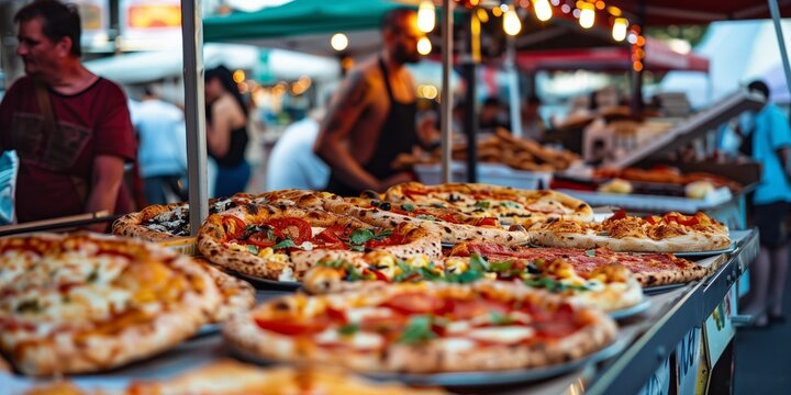 Assorted wood-fired pizzas on display at an outdoor food market, with vibrant toppings and a lively atmosphere in the background