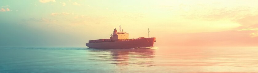 Fototapeta premium A large cargo ship sails gracefully across gentle ocean waves, surrounded by a soft pastel sky. This tranquil setting captures the essence of maritime transport during twilight, offering ample space