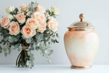 Marble and elegant, ceramic urn for human or pet ashes stands on white table, pastel roses lie in background