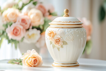 Marble and elegant, ceramic urn for human or pet ashes stands on white table, pastel roses lie in background