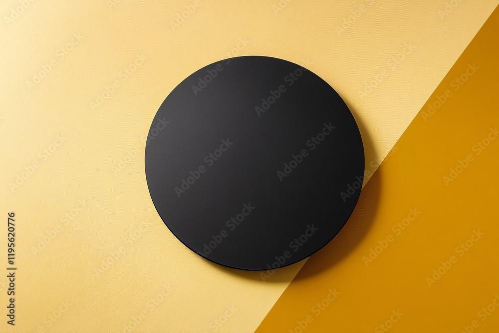 Poster Black circle intersecting yellow and ochre background creating geometric composition