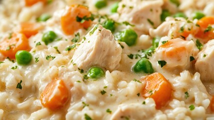 Close-up of rice with comforting chicken pot pie filling. Featuring chicken, carrots, and peas in a creamy sauce, served over rice. Emphasizing a classic, comforting dish. Ideal for pot pie recipes.