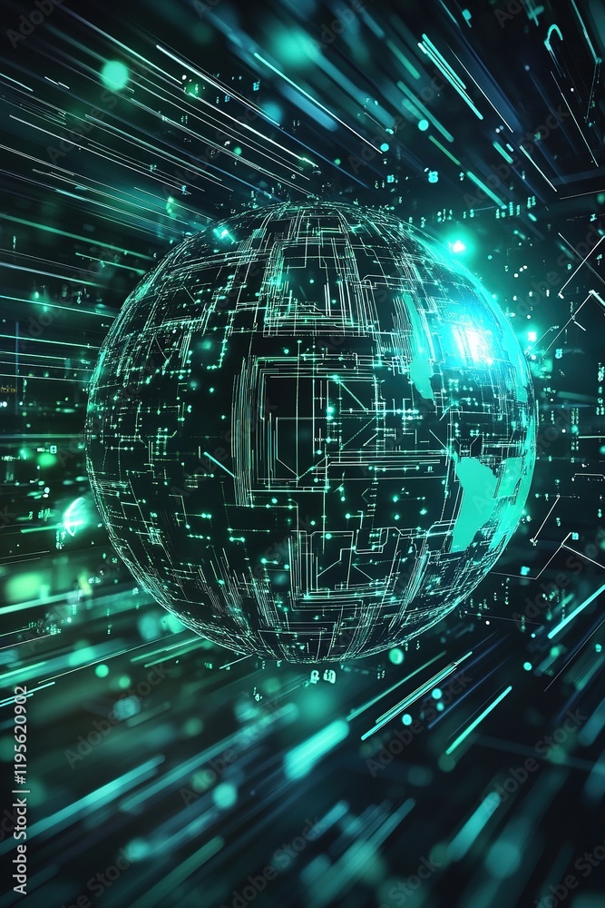 Poster a glowing digital globe showcases encrypted data lines surrounded by abstract circuit patterns. the 