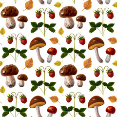 Seamless pattern of watercolor illustrations of forest mushrooms and strawberries, gifts of nature on a white background