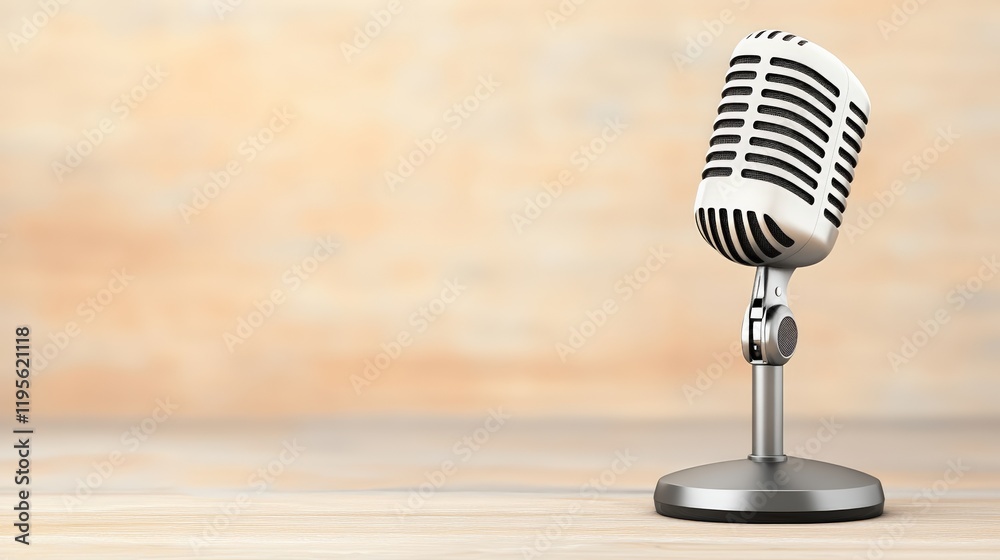 Poster classic microphone is placed on a wooden surface, evoking the atmosphere of a recording studio or a 