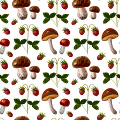 Seamless pattern of watercolor illustrations of forest mushrooms and strawberries, gifts of nature on a white background