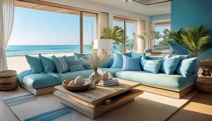 Fototapeta premium interior design of a coastal inspired living room with cozy sofa pillows coffee table and big windows modern and luxurious living room in beach color theme generative ai