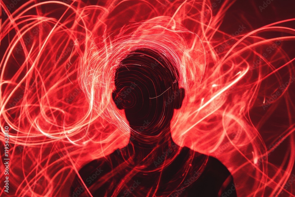 Fototapete Person immersed in swirling red lines and abstract shapes creating a vibrant visual experience in a creative space. Generative AI