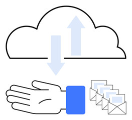 Cloud with blue arrows, a hand, and stacks of envelopes symbolizing data transfer and email storage. Ideal for cloud computing, data management, email services, technology, digital communication