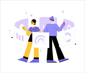 Male And Female Professionals Analyzing Circular Data Charts In Flat Vector Illustration Symbolizing Analytics, Team Collaboration, And Insights, Isolated On White Background.