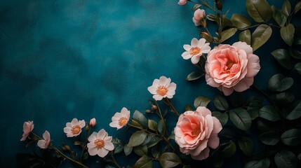 Fototapeta premium A flat lay of pink roses and chrysanthemums on a soft blue background, creating a romantic and cheerful vibe. Great for event invitations, greeting cards, and seasonal promotions.