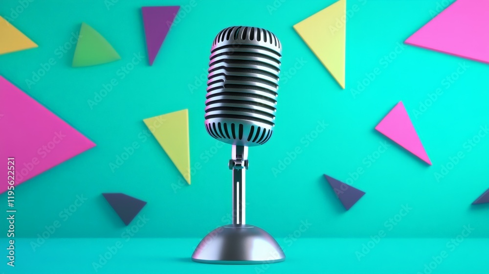 Poster silver vintage microphone standing on a turquoise stage with colorful triangles in the background, c