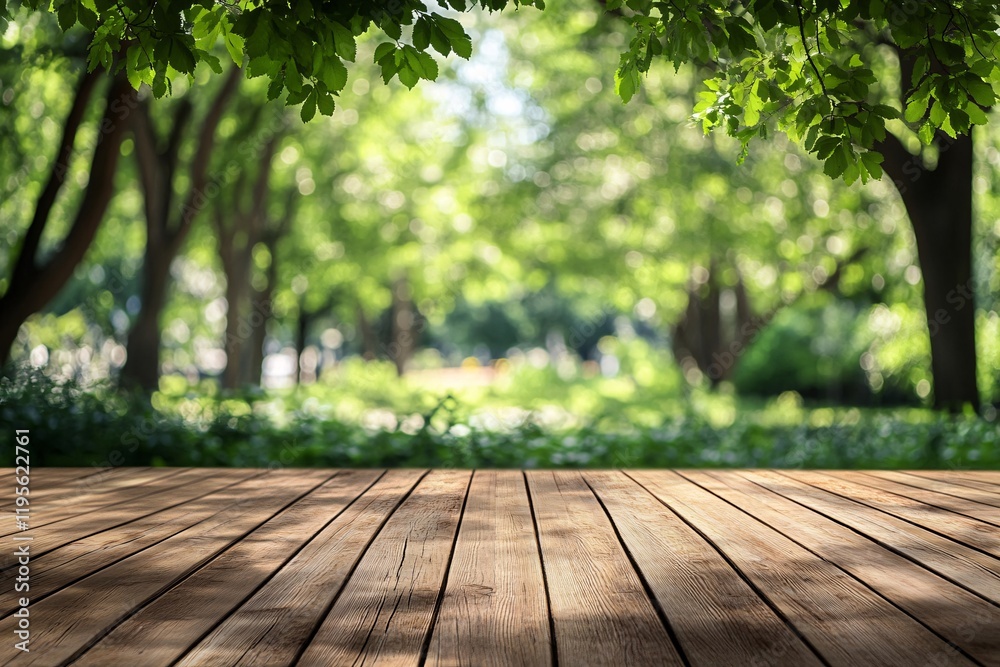 Aufkleber empty wooden table with blurred green park in background