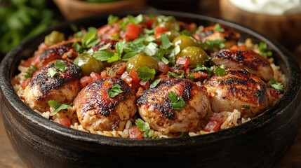 Fototapeta premium Deliciously grilled meatballs served on a bed of seasoned rice with fresh herbs and vegetables