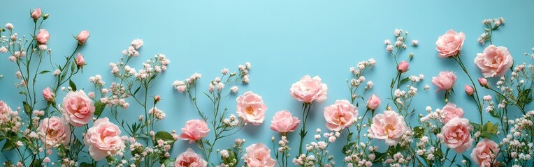 Obraz premium A flat lay of pink roses and chrysanthemums on a soft blue background, creating a romantic and cheerful vibe. Great for event invitations, greeting cards, and seasonal promotions.