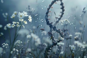 3d rendering of a dna strand standing in a field of flowers, suggesting the relationship between genetics and nature