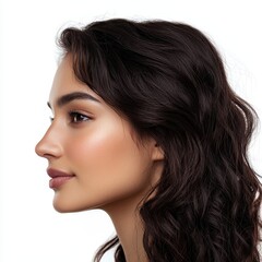 Side profile of a young woman with natural wavy dark hair, glowing skin, and soft makeup, looking serene against a clean white background