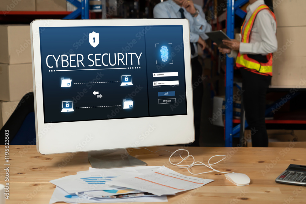 Poster cyber security system on computer screen protect private information snugly from hacker and cyber at