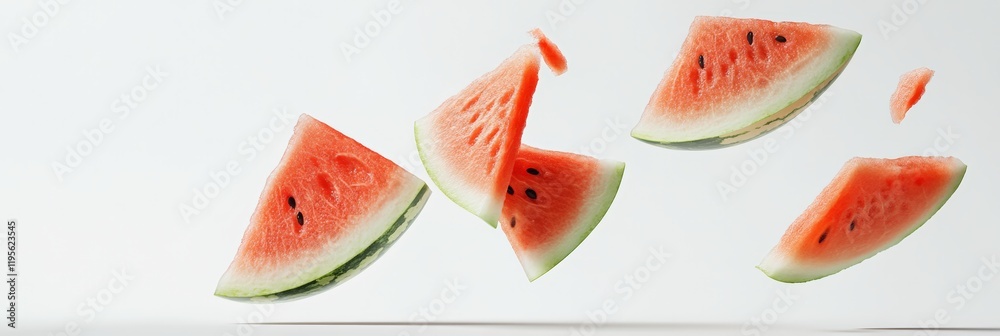 Poster Several slices of a ripe red watermelon with black seeds are levitating on a clean white background, creating a refreshing and vibrant summer scene