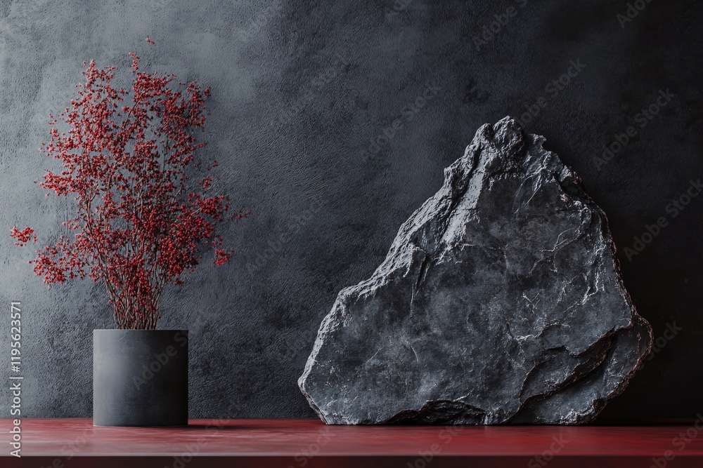 Poster red plant and stone creating a modern minimalist still life on a shelf